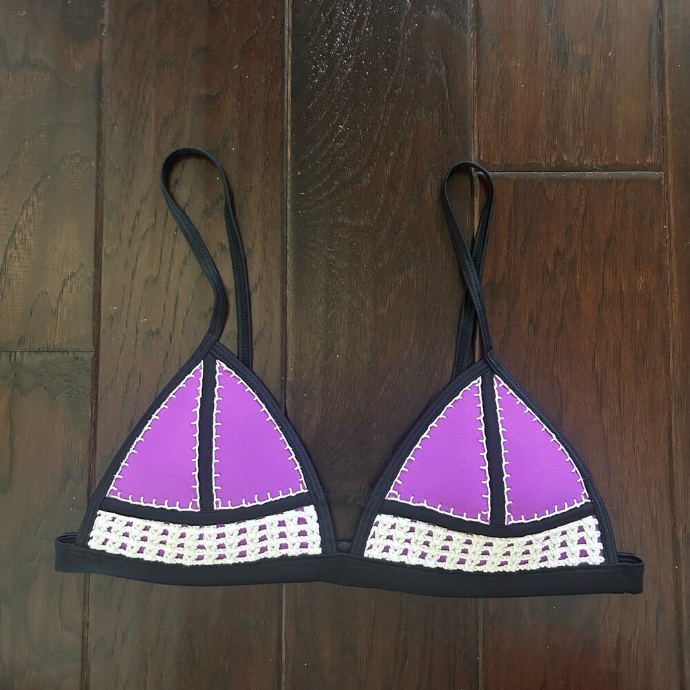Y2K Purple Black White crochet bikini top Buckle back adjustable straps Festival